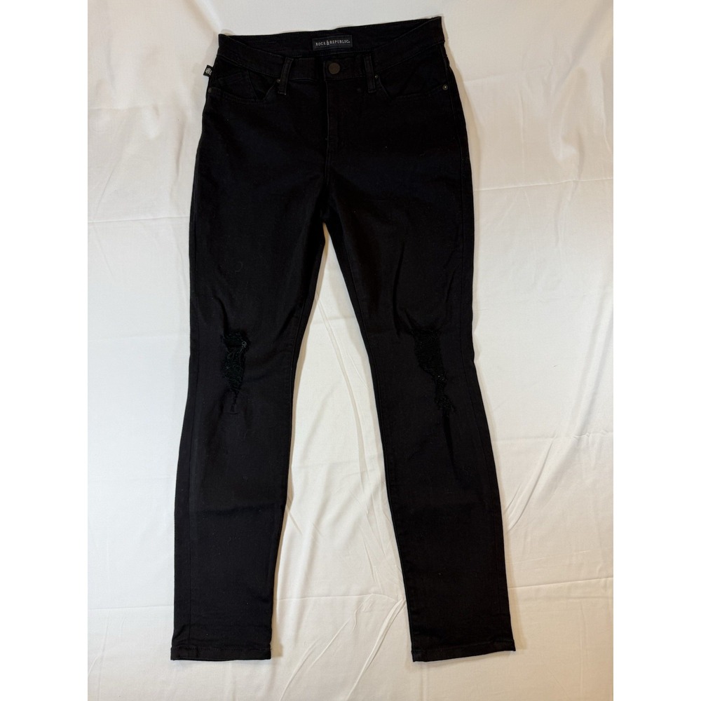 Rock & Republic Jeans Womens Size 12M Black Skinny Distressed Berlin Stretch